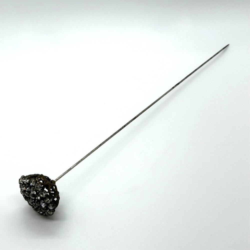 Antique Victorian Hat Pin Clear Paste Rhinestone Domed Top Filigree Back 10" - Picture 6 of 16
